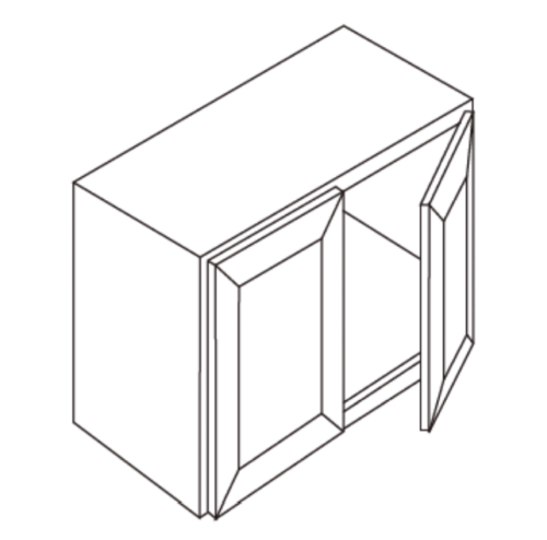Isometric drawing of a cabinet with two open doors.